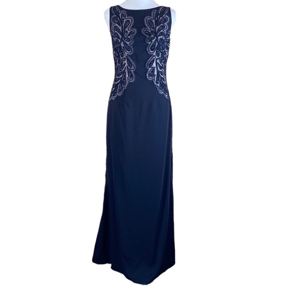 JS Collections Navy Blue Sleeveless Embroidered Holiday Party Gown Maxi Dress 4 - Picture 1 of 9
